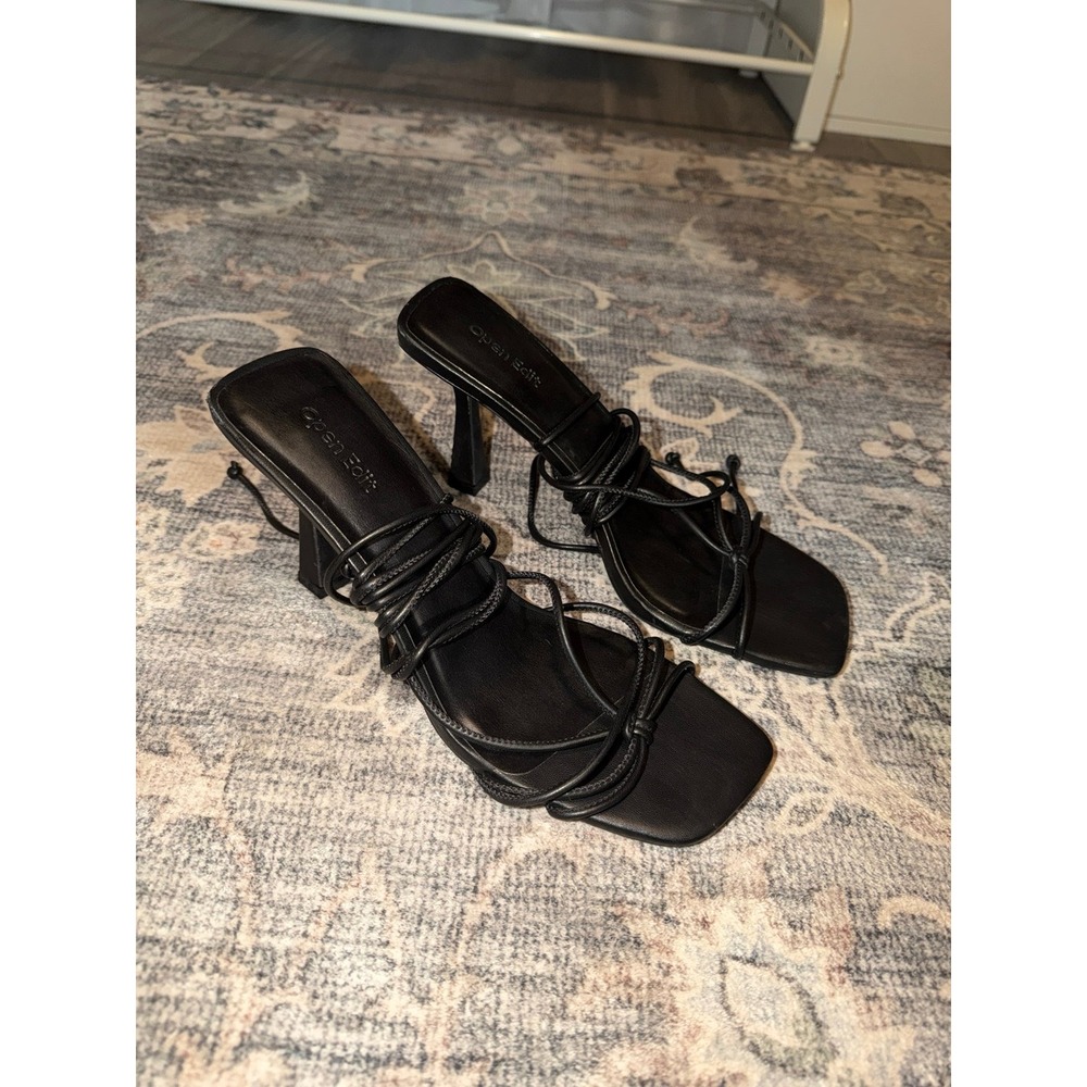 Open Edit Square Toe Black Lace Up Wrap Heels Sandals